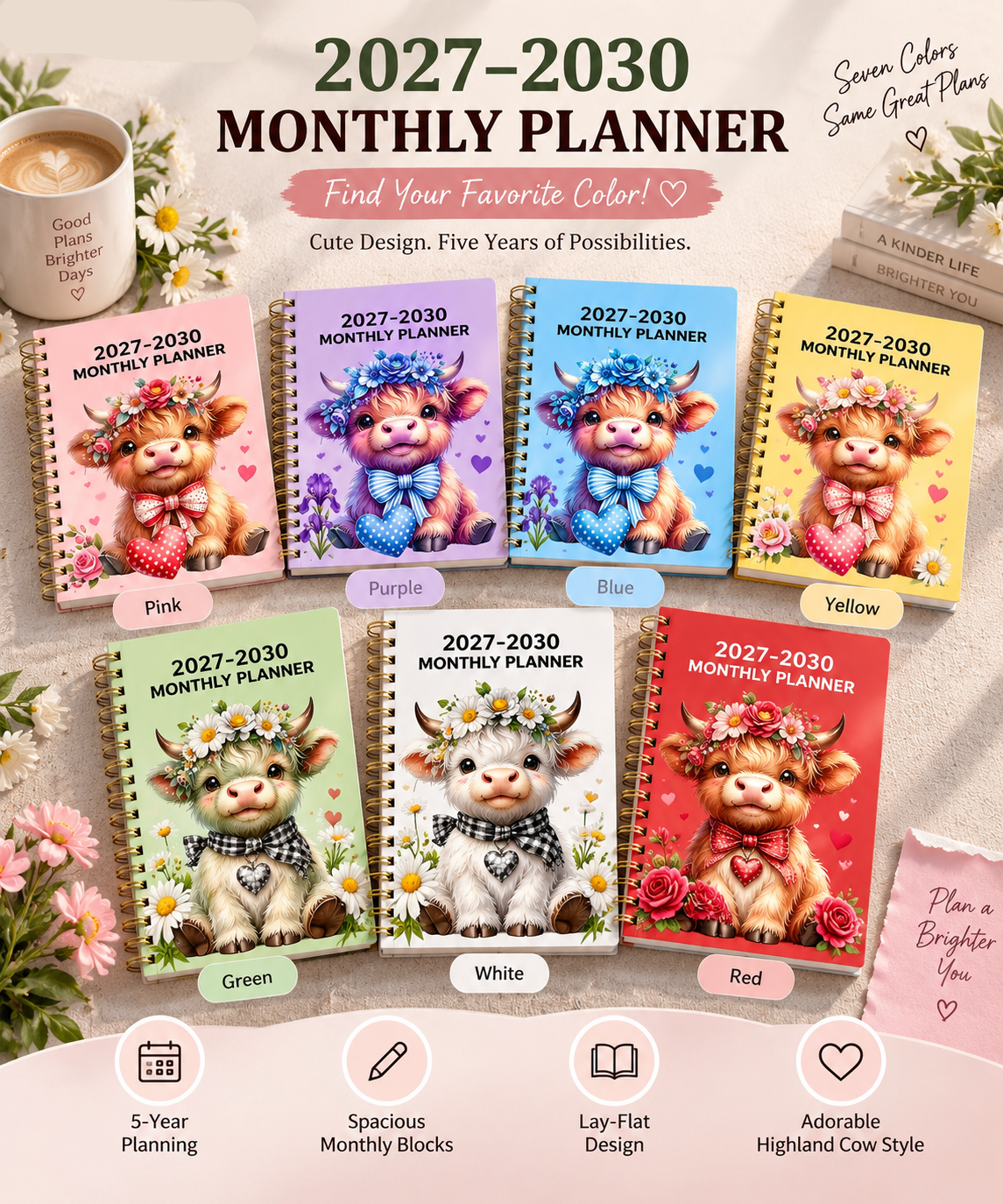 LIMITED-TIME 50% OFF! 2026–2030 Monthly Planner — Cute Highland Cow 5-Year Calendar, Large Monthly Blocks for Long-Term Planning