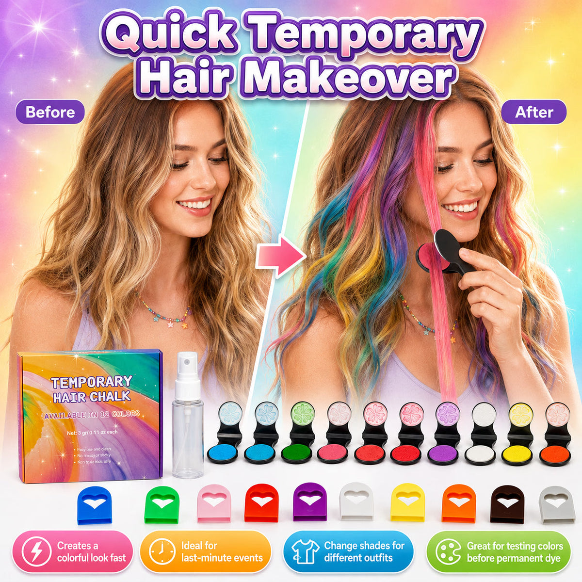 ⏳LAST DAY SALE 50% OFF!!🌈12-Color Temporary Hair Chalk Applicator Set🌈 |✅No Bleach, No Stain |